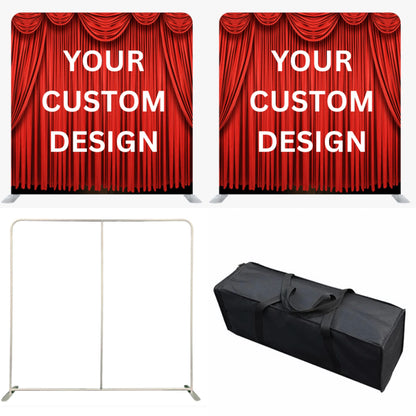 1 Custom Tension Fabric Double Sided Backdrop (2 Custom Designs) & 1 (8x8) Aluminum Frame (FREE Oversized Bag)