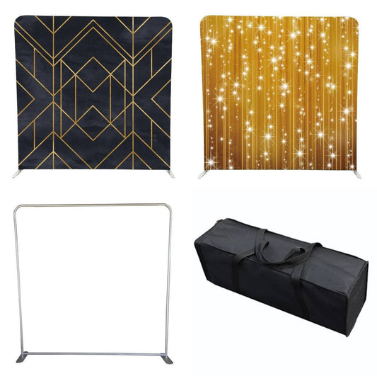 1 Double Sided Backdrop (2 Designs) & 1 (8x8) Aluminum Frame (FREE Oversized Bag)